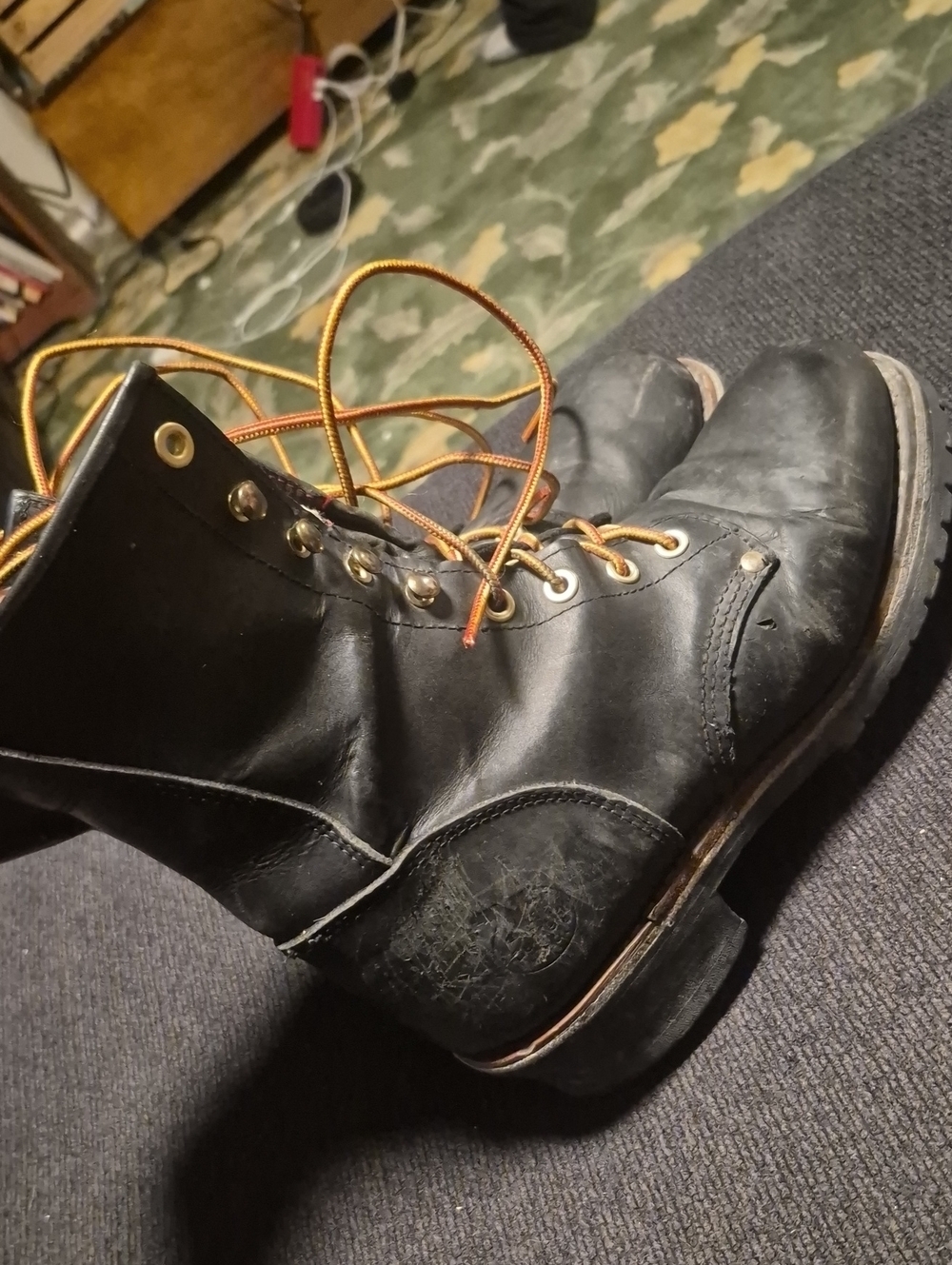 Georgia Boot Black Leather Lace-Up Work Boots with Brown Laces